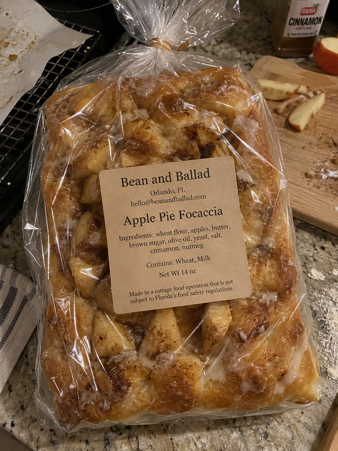 Packaged Apple Pie Focaccia with Bean and Ballad label