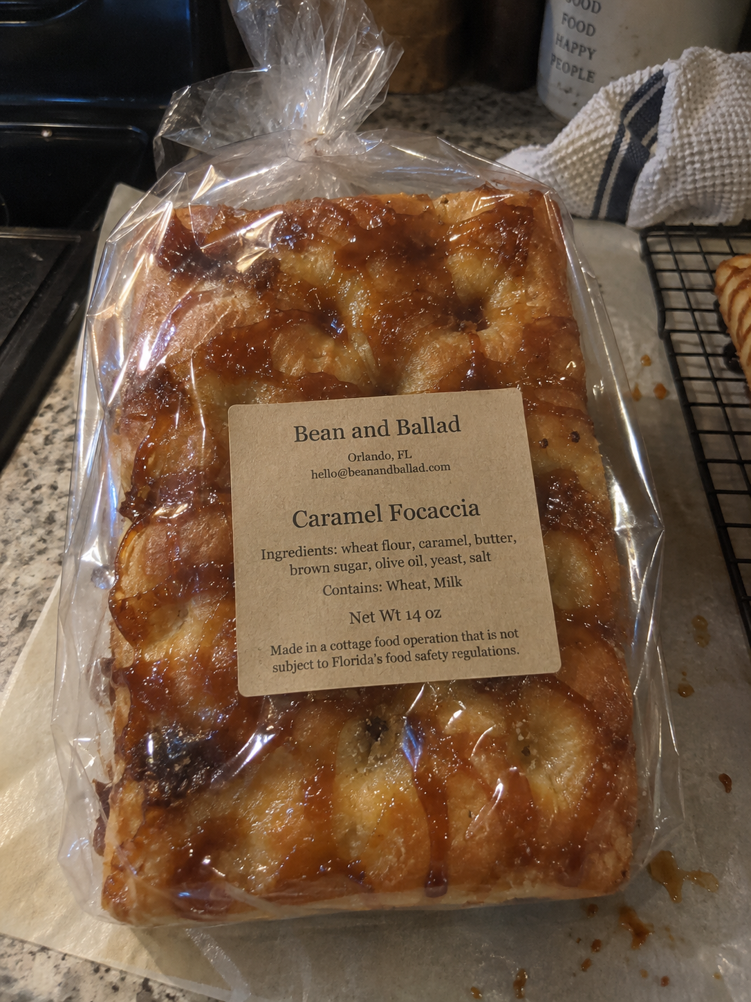 Packaged Caramel Focaccia with Bean and Ballad label