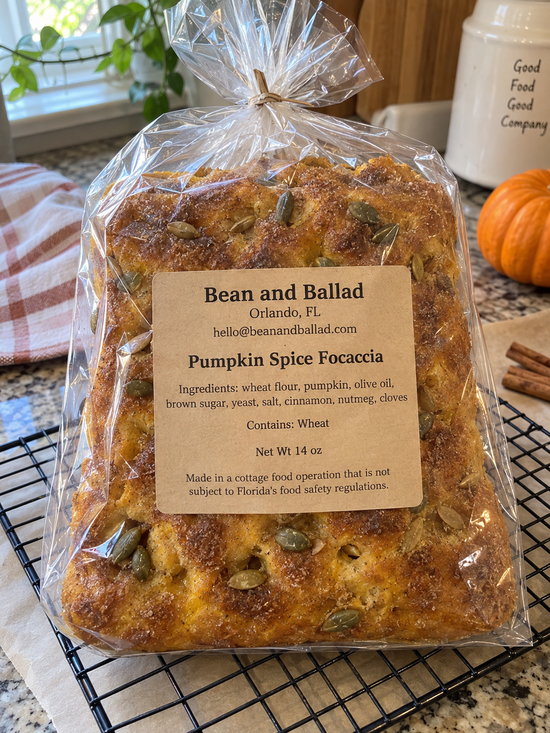 Packaged Pumpkin Spice Focaccia with Bean and Ballad label