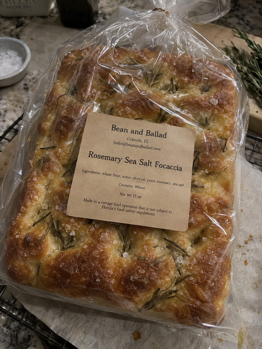 Packaged Rosemary Sea Salt Focaccia with Bean and Ballad label